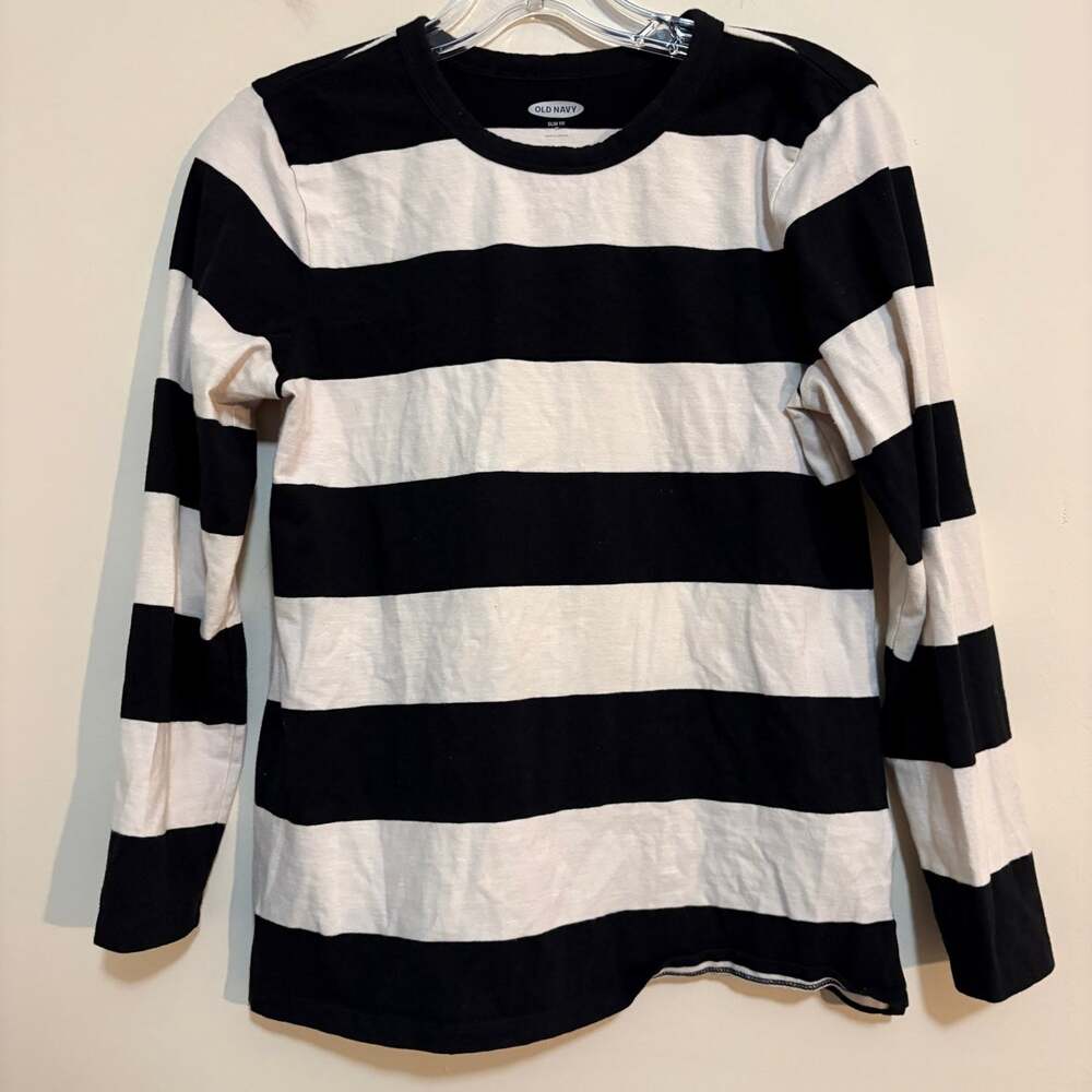 Old Navy Striped Long Sleeve Tee Womens M Black White Slim Fit Cotton Blend
